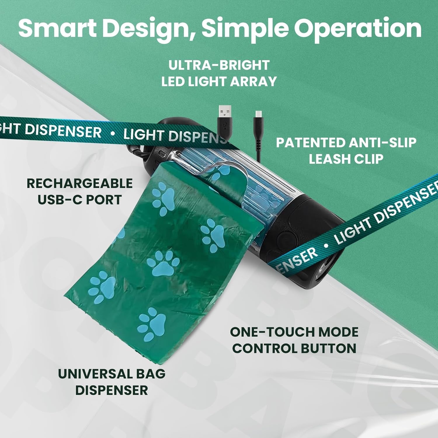Dog Poop Bag Dispenser LED Flashlight USB C Rechargeable 45 Bags