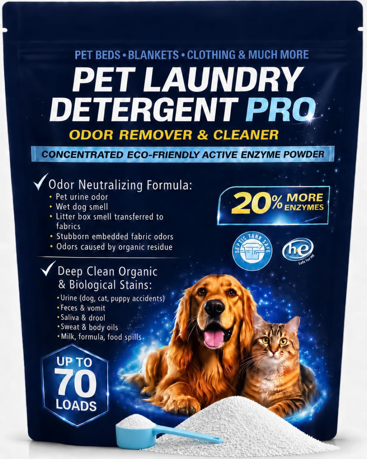 Enzyme Pet Laundry Detergent Powder – Odor & Stain Remover, 70 Loads