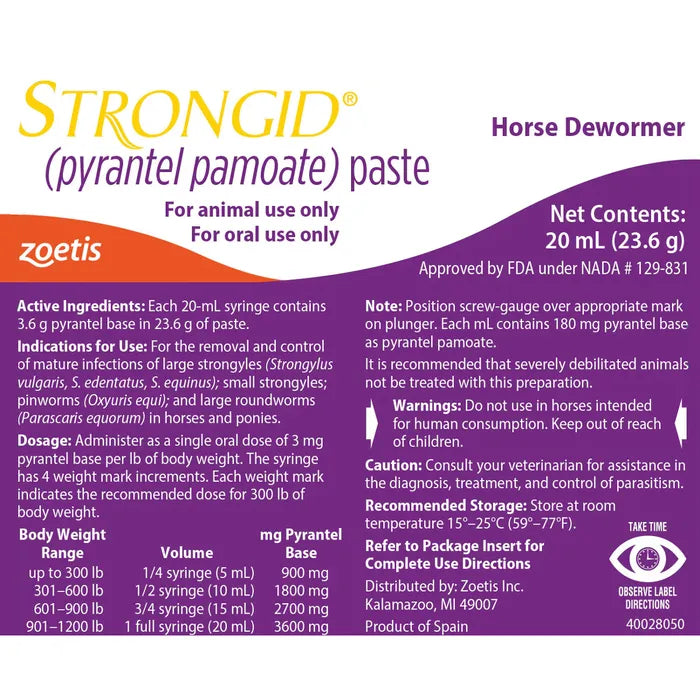 Strongid Paste Pyrantel Pamoate Horses Wormer Safe Foals Mares Care 20mL