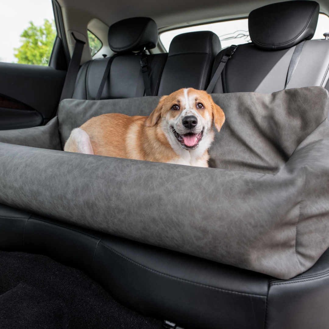 PupProtector™ Faux Cool-to-Touch Vegan Leather Memory Foam Dog Car Bed - Slate Gray
