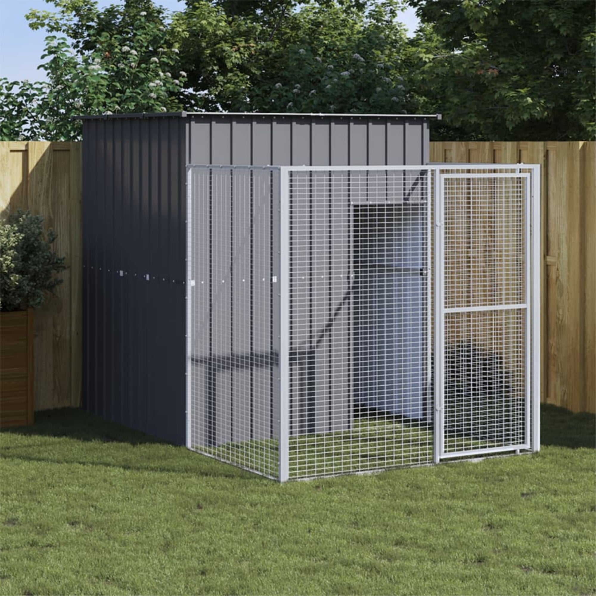 Vidaxl Dog House With Run Anthracite 65Inch X98.8Inch X71.3Inch  Galvanized Steel