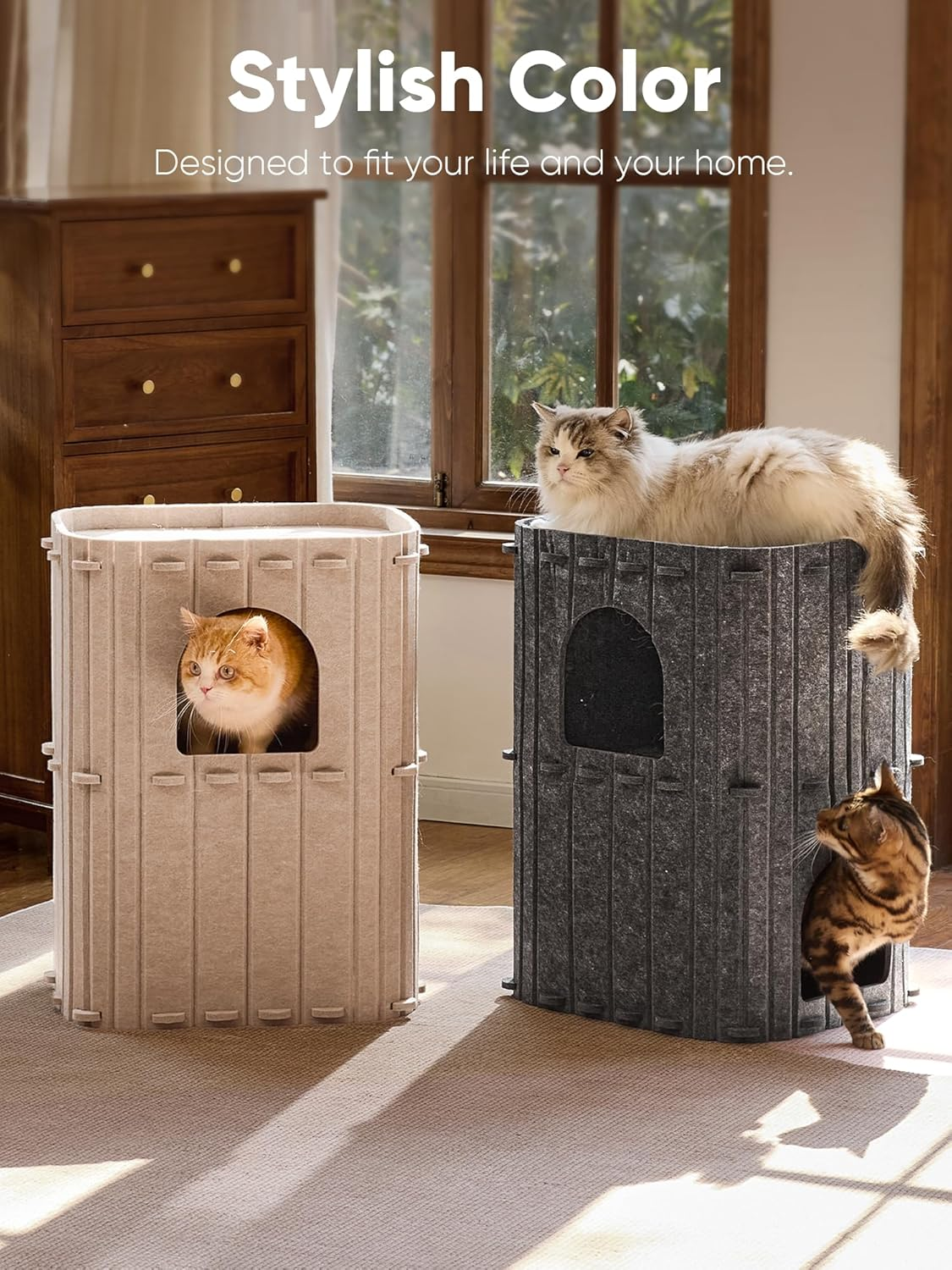 2-Story Cat House with Felt Caves for Multi-Cat Homes