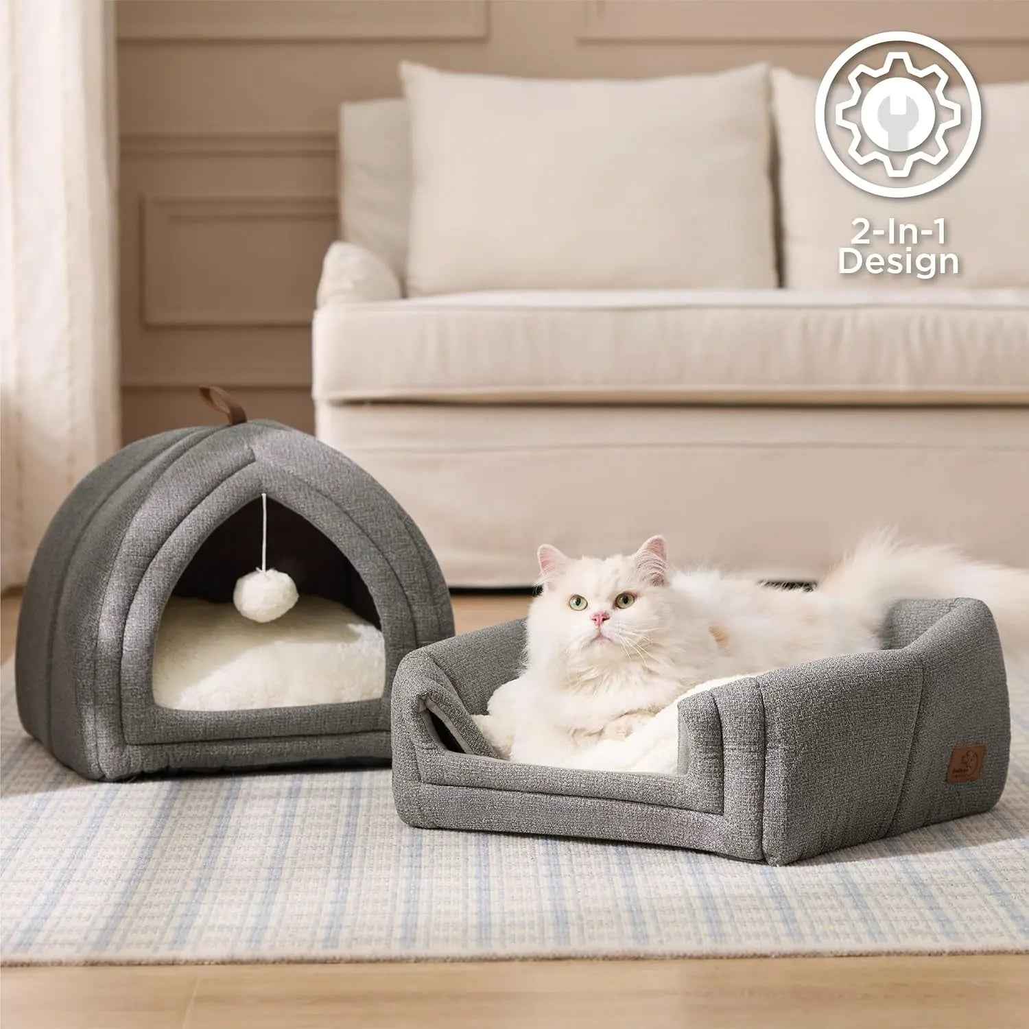 2-in-1 Cat Cave Bed – Foldable Indoor Tent with Washable Cushion