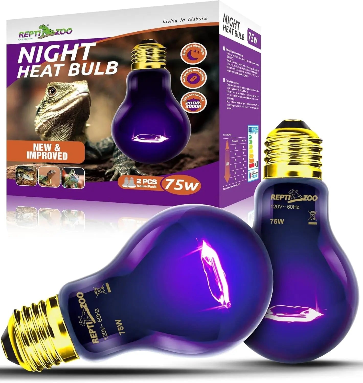 2Pack- 75W or 100W Reptile Night Heat Lamp Purple E26 E27 Bulbs