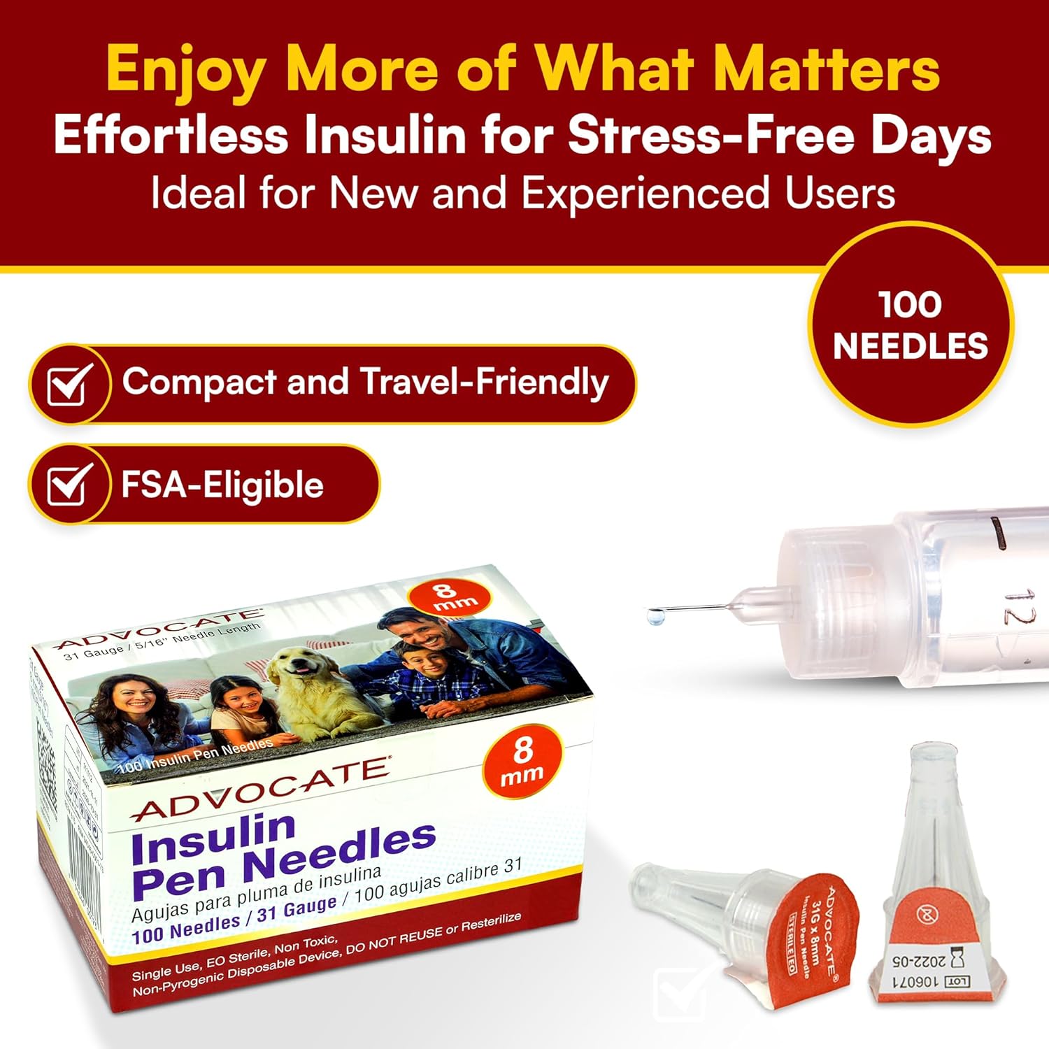 Advocate Insulin Pen Needles 8mm 31 Gauge Box of 100 Needles