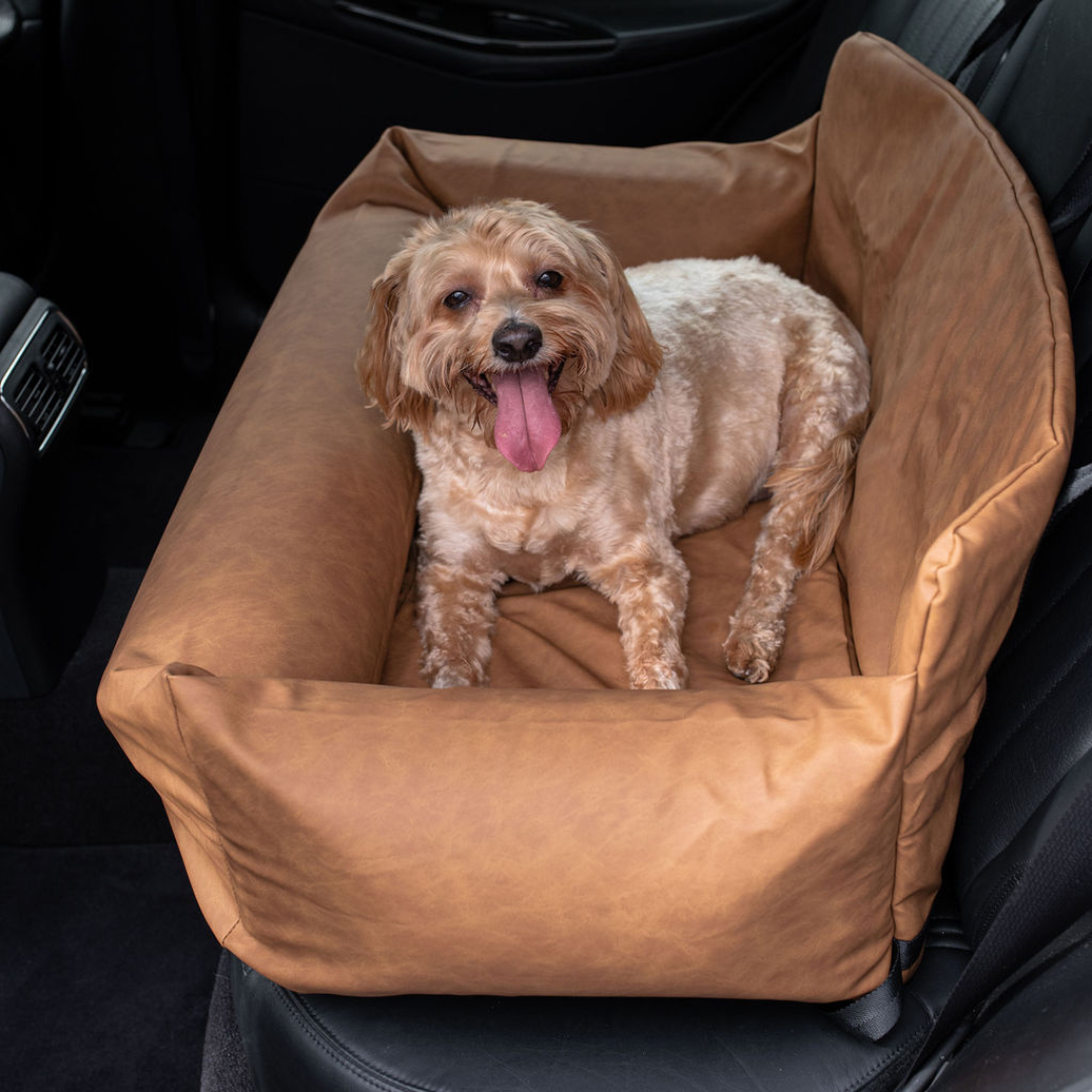 PupProtector™ Faux Cool-to-Touch Vegan Leather Memory Foam Dog Car Bed - Camel