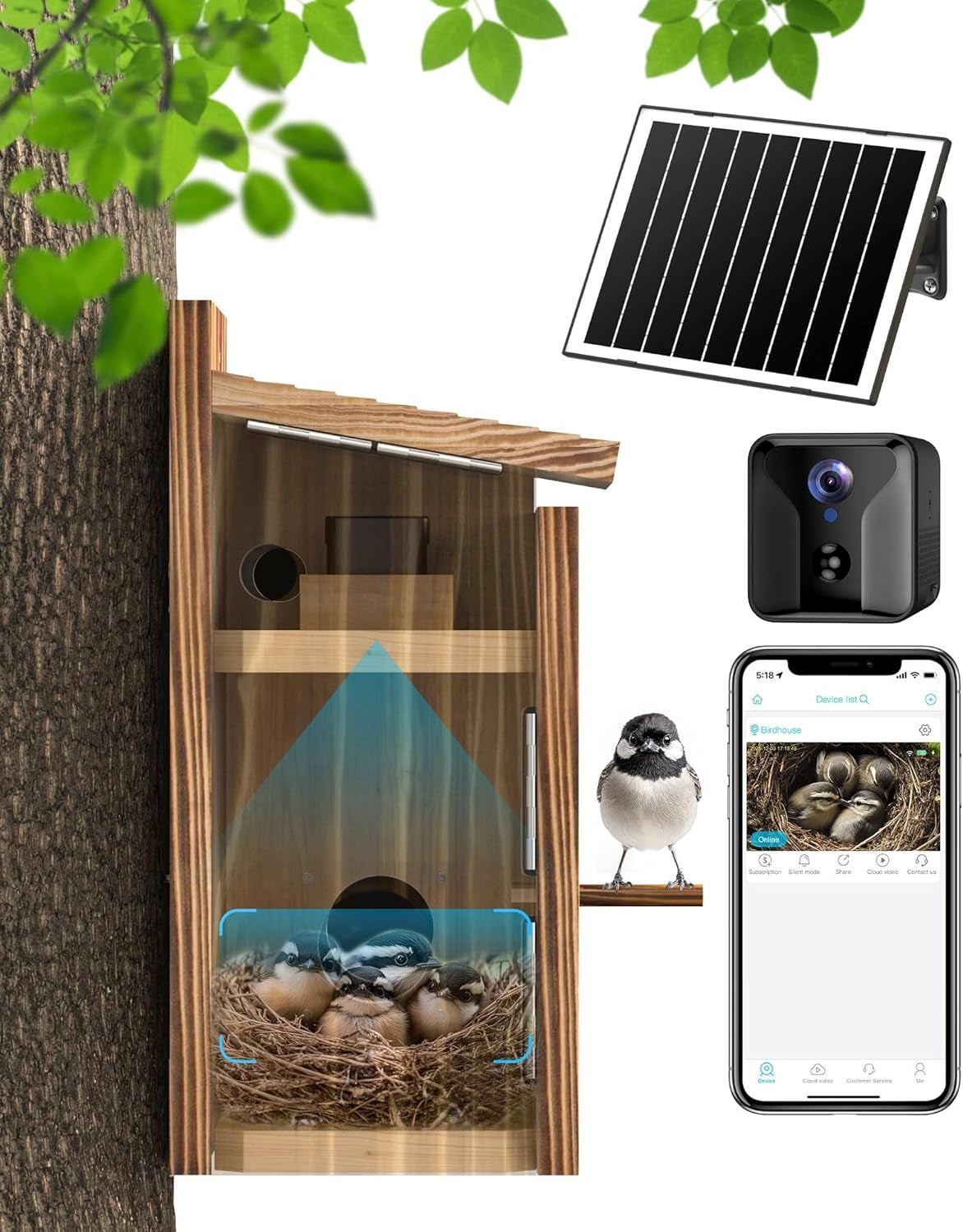 Bird House Camera Solar WiFi 2K HD Smart Birdhouse Motion Detection