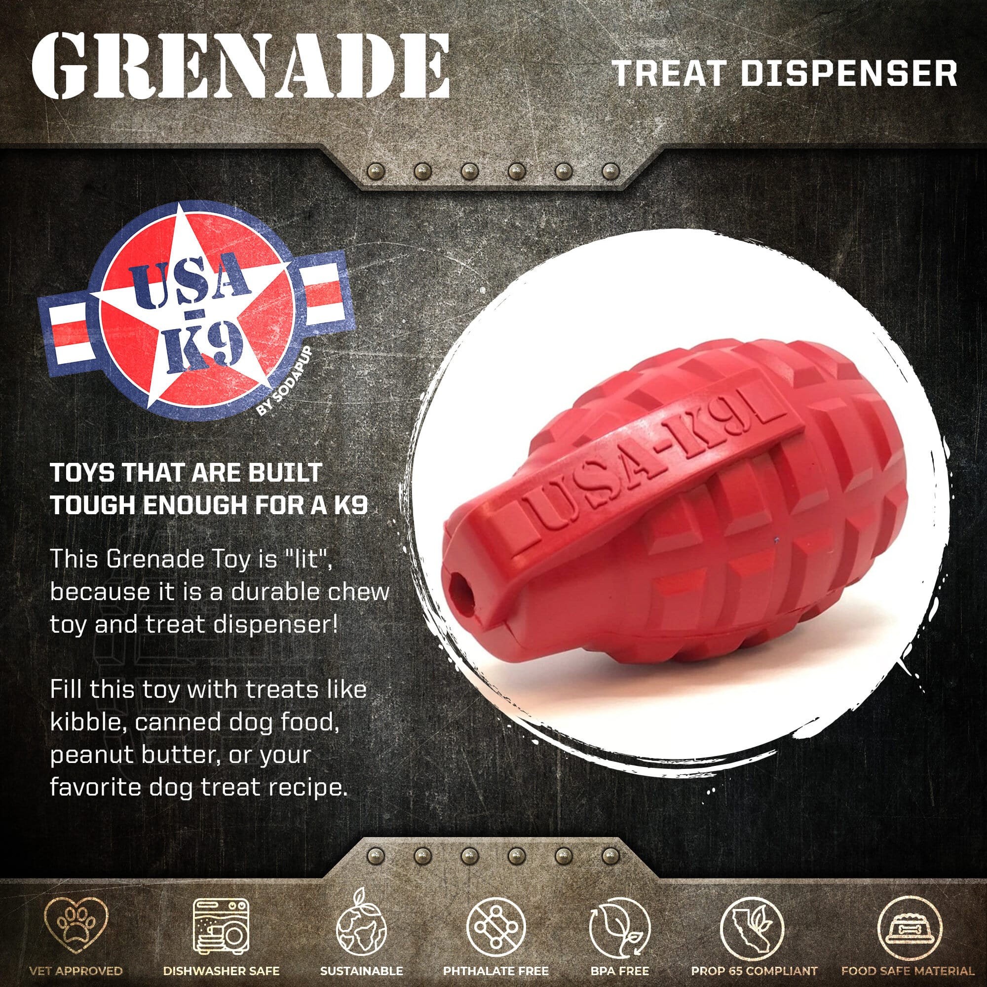 USA-K9 Grenade Shaped eDispenser Durable Dog Chew Toy & Treat Dispenser - Magnum Black