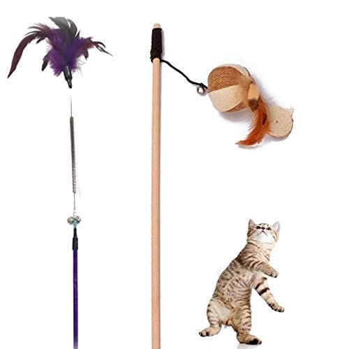 Dog Trust Cat Teaser 2 Playing Stick  |Feather Sound Hedgehog Stick | Wooden Jute Mice Stick Cat Teasing Stick Kitten Toys (Com