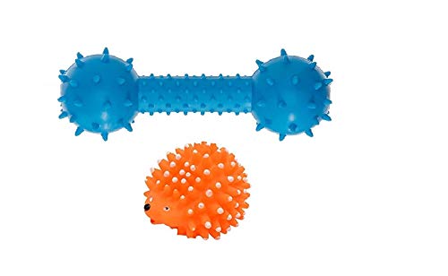 Psk Combo Of 2 Natural Rubber Vinyl Cute Colorful Hedgehog And Dumbbell Squeaky Toy For Small Puppy For Fun I Fetch I Sound Int