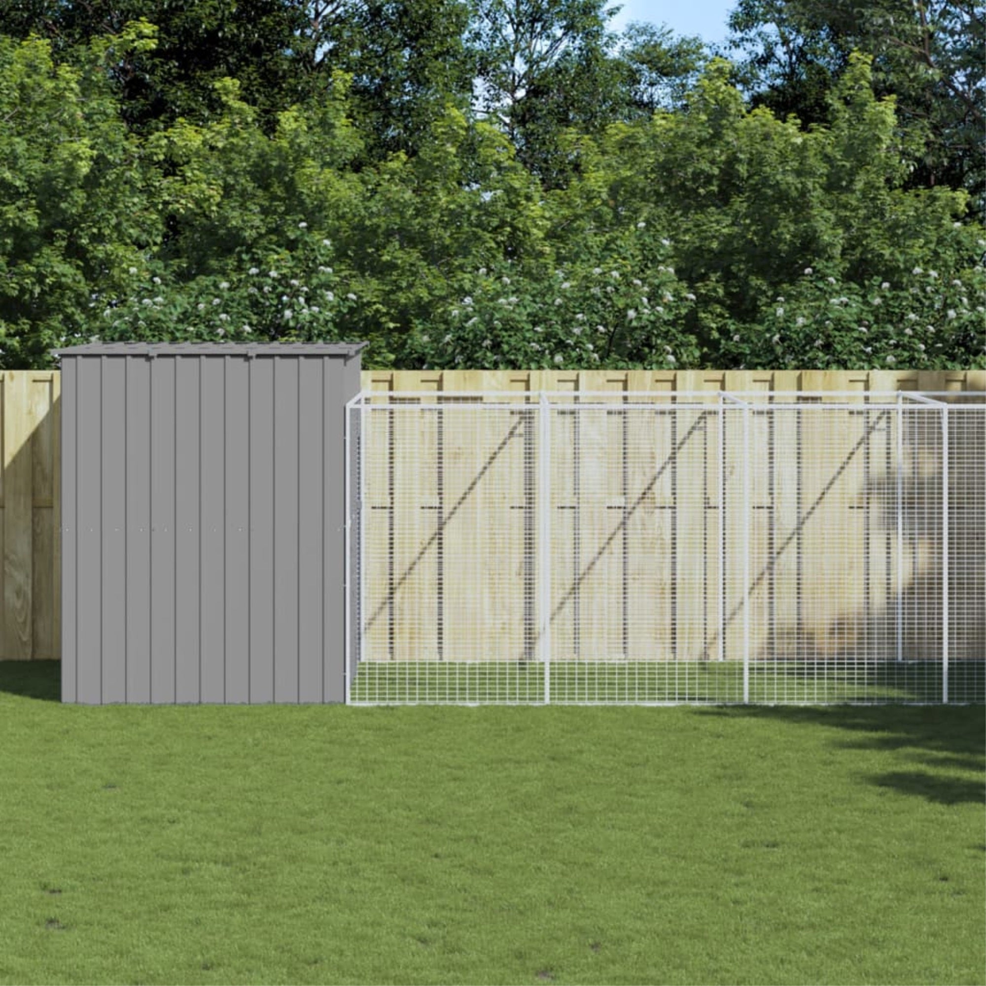 vidaXL Dog House with Run Light Gray 84.3x501.2x71.3 Galvanized Steel