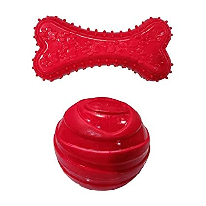 Woofy Rubber Chew Dog Toy Combo  Red Ball & Bone Set for Puppies & Dogs | Durable Teething & Bite Toys for Small Dogs (Red, Pac