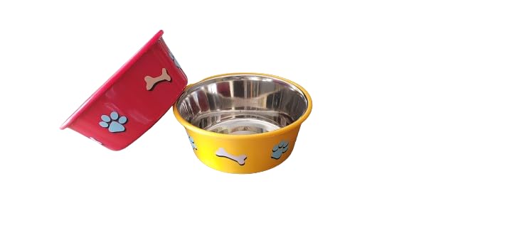 Set Of 2 Elton Paw & Bone Cutie Bowls (Yellow & Red) Export Quality Inside Stainless Steel Outside Colorful Plastic Dog Feeding 