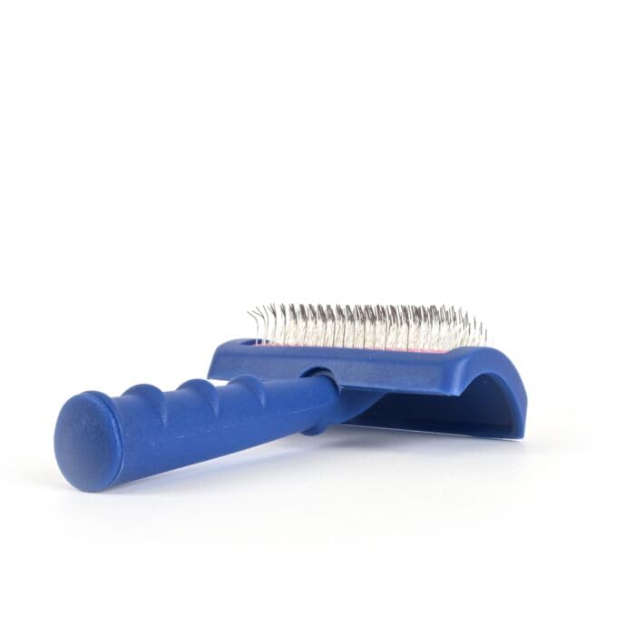 Show Tech Tuffer Than Tangles Slicker Brush for Dogs, Medium Size, Blue, Angled Pins, Comfort Grip Handle, Model ST-91026