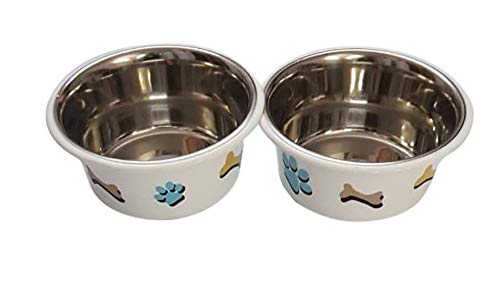 Elton Paw & Bone Inside Stainless Steel Outside Colorful Plastic Food Bowl For Feeding Dogs Cats And Pets (Large, 1.80 L) Set O