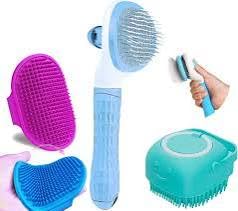 Pet & Vet 3 Pcs Self Cleaning Slicker Shedding Brush Pet Bath Massage Brush With Soap & Shampoo Dispenser Soft Silicone Bristle 