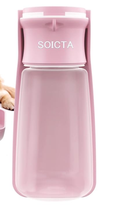 SOICTA Portable Dog Water Bottle Dispenser 19OZ - Foldable Pink Pet Water Bottle for Small Medium Large Dogs