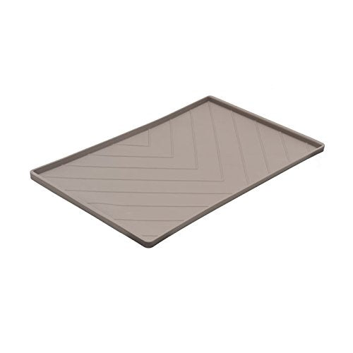 Messy Mutts Silicone Non-Slip Dog Bowl Mat With Raised Edge And Two Sides Reinforced With Metal Rods | Dog/Cat Bowl Mat With Spill-Proof Lip | Medium, 20” X 12” | Dark Grey