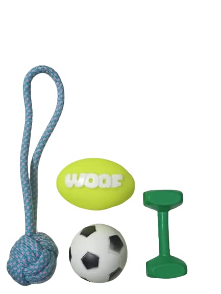 Psk Pet Mart Puppy And Dogs Chew Rope Squeaky Teething Toys | Rope Ball With Handle | Plastic Dumbbell | Woof Rugby Ball | Squea