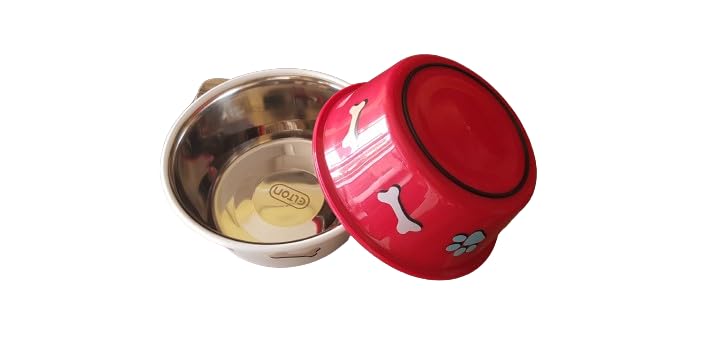 Set Of 2 Elton Paw & Bone Cutie Bowls (Red/White) Export Quality Inside Stainless Steel Outside Colorful Plastic Dog Feeding Bow