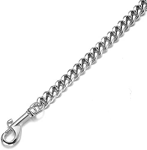 Aiyidi Dog Chain Leash, Stainless Steel Metal Link Training Leash Width 11/15Mm Length 3/4/5Ft Silver Cuban Chain, With Genuine Leather Padded Handle, For Large/Medium/Small Dogs (15Mm, 5Ft)