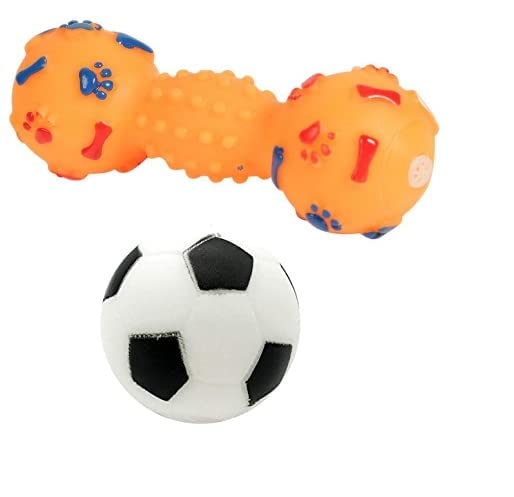 Woofy Squeaky Rubber Dog Toy Combo (Football + Dumbbell)  Black & White Chew Toys For Puppies & Dogs | Durable Interactive Pet 