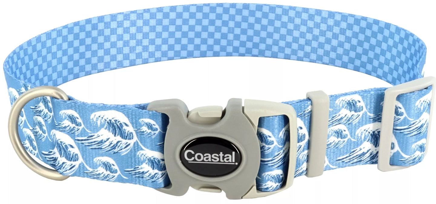 Coastal Pet Sublime Adjustable Dog Collar - Adjustable Plastic Buckle - Vibrant & Colorful Dog Collar With Fade-Resistant Patterns - Blue Waves With Blue Checkers, Medium - 1' X 12'-18'