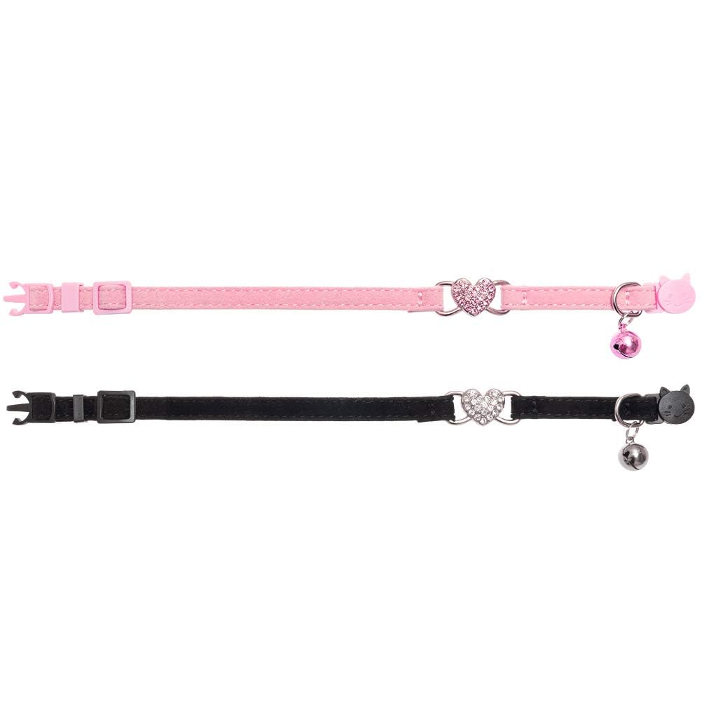 Bingpet Cat Collar Breakaway With Bell, Pack Of 2 Heart Bling Collar Safety With Soft Velvet Adjustable For Kittens