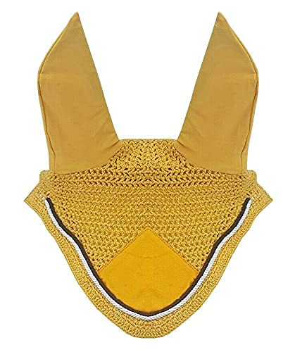 Horse Fly Bonnet Double Piping Ear Net Fly Veil Mask Breathable Cotton Crochet Horse Tack (COB, Mango/Mustard)