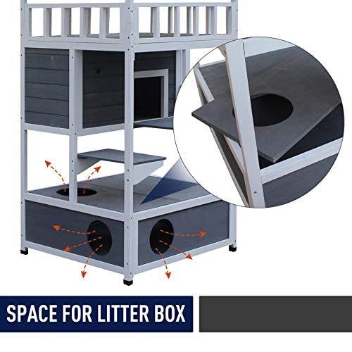 Pawhut Wooden Outdoor Cat House, Feral Cat Shelter Kitten Condo With Asphalt Roof, Escape Doors, Condo, Jumping Platform, Grey