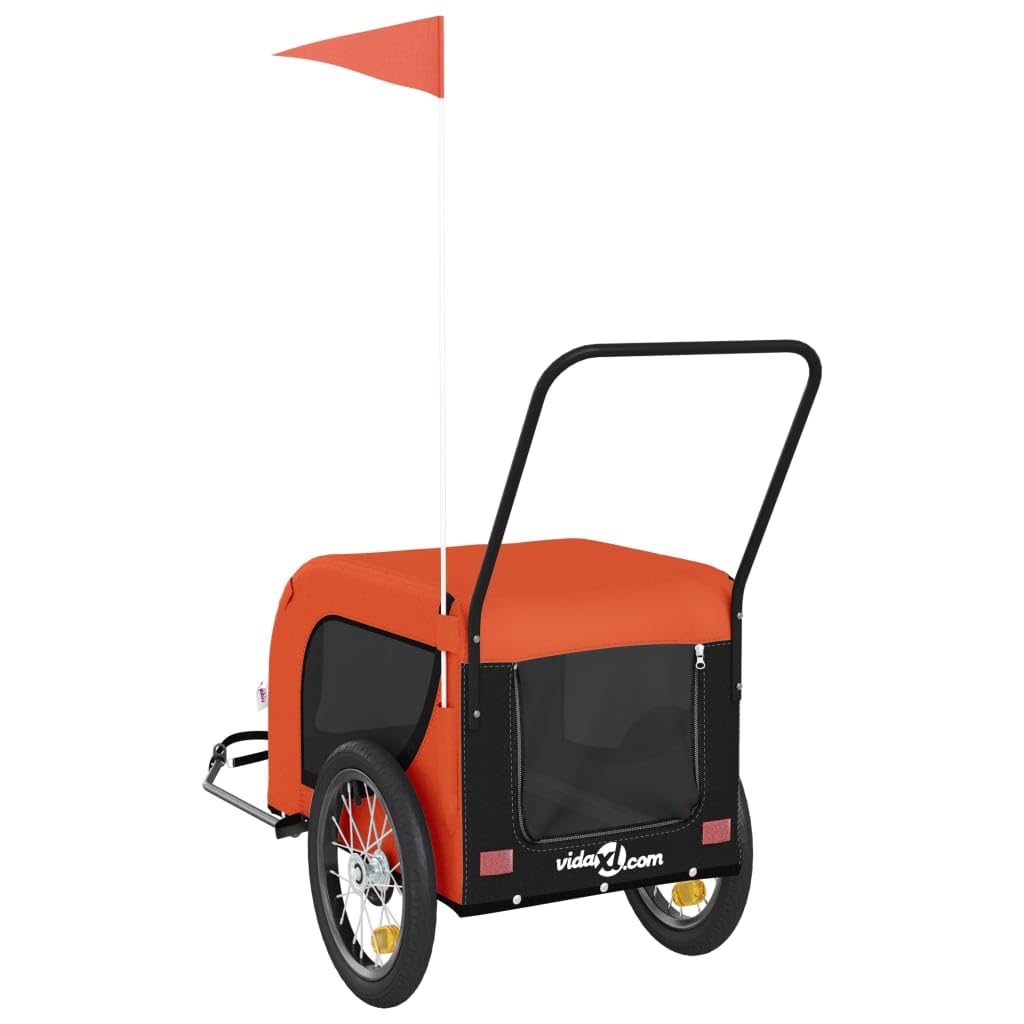 vidaXL Pet Bike Trailer - Orange & Black - Oxford Fabric, Iron Frame, 49.2" x 24.8" x 26" - Reflectors & Safety Flag - Multifunctional Carrier for Pets, Groceries, Camping