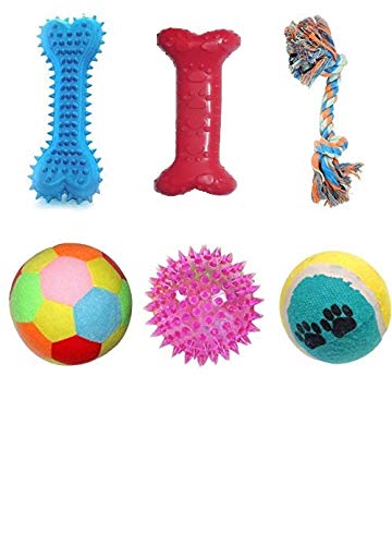 Psk Chew Teether Toys For Dog, Puppy | Bone | 2 Knot | Led Ball | Rattle Ball | Paw Print Ball | Spike Bone  Combo Of 6