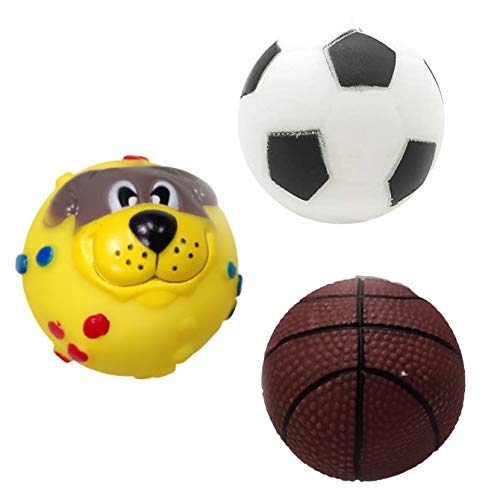 Woofy Dog Squeaky Toy Combo  Natural Rubber Vinyl Balls Set for Puppies & Small Dogs | Includes Basketball, Football & Puppy Fa