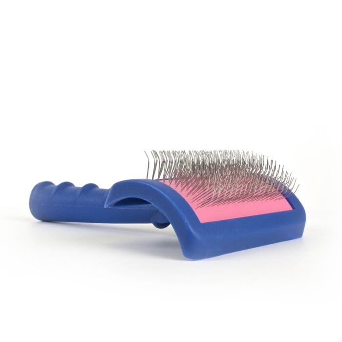 Show Tech Tuffer Than Tangles Slicker Brush for Dogs, Medium Size, Blue, Angled Pins, Comfort Grip Handle, Model ST-91026