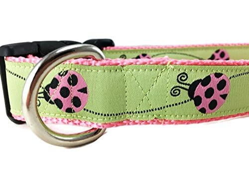 Ladybug Dog Collar, Caninedesign, Green, Pink, 1 Inch Wide, Adjustable, Nylon, Medium And Large (Large 15-22)