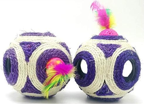 Psk Pet Mart Sisal Cat Scratching Ball Bright Colors Interactive Grinding Claw Scratch Cat Toy Ball With Colored Feather