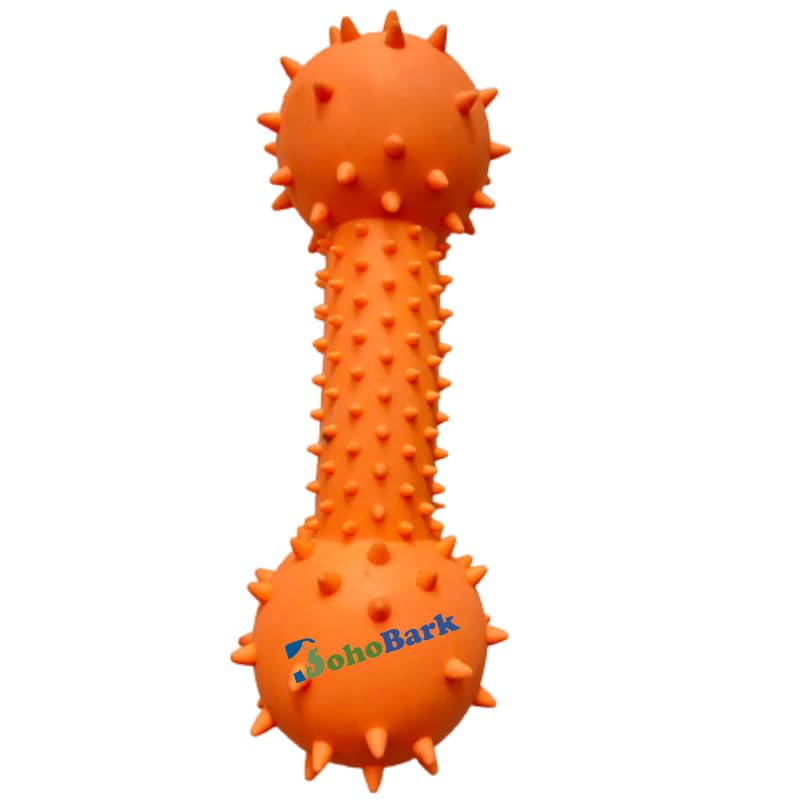 Bohobark 100% Non Toxic Rubber Flavored Puppy Toy Soft Spike Dumbbell With Bell Chew Toy Teething Toy (Soft Spike Dumbbell,(Oran