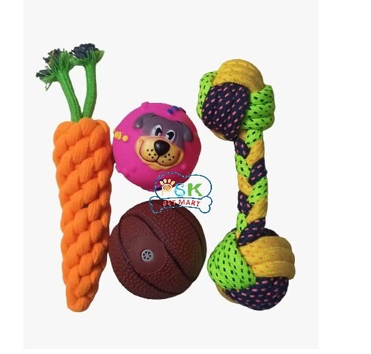 Psk Pet Mart Puppy And Dogs Chew Rope Squeaky Teething Toys | Carrot | Rope Dumbbell | Dog Face Ball | Squeaky Baseball Combo (P