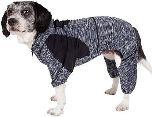 Pet Life  Active Downward Dog Heathered Performance 4Way Stretch Twotoned Full Body Warm Up Hoodie, Black  Small