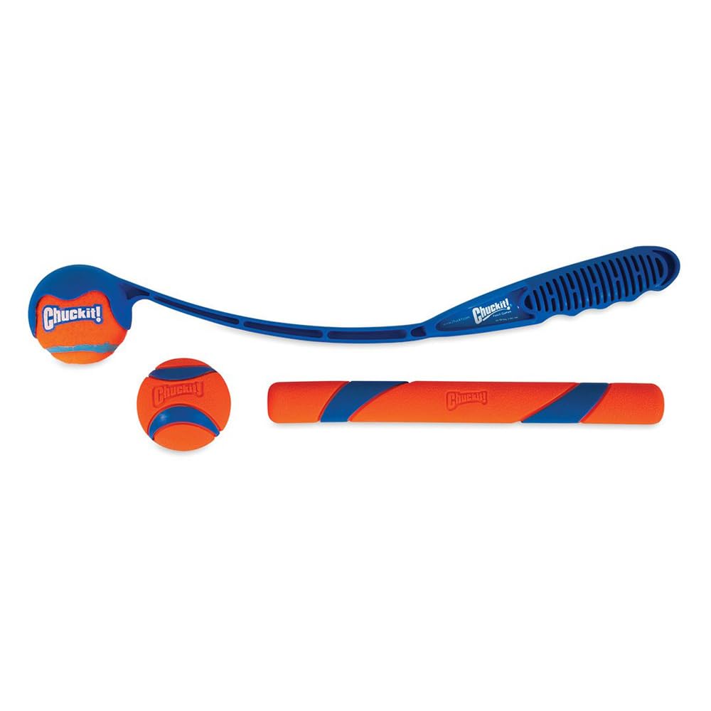 Chuckit! Fetch Pack - Indestructible Dog Toy Launcher with Tennis Ball & Ultra Rubber Ball, 18M, Orange and Blue