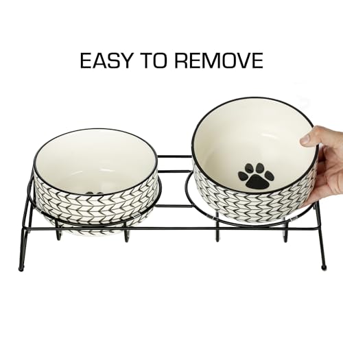 Signature Housewares Ceramic Pet Bowl Set - Food Water Bowls for Dogs and Puppies, Large Cats with Sturdy Metal Stand - Set of 2