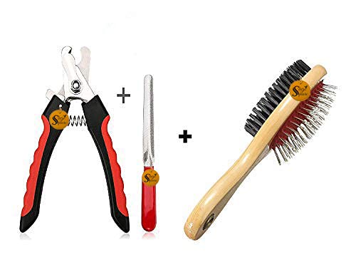 Sage Square Dog Nail Cutter With Clipper, Multicolor + Hair Brush For Pets Fur Shedding Comb For Dogs, Cats And Rabbits (Combo O