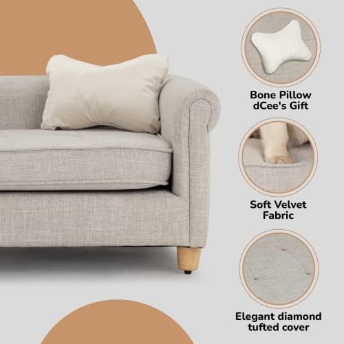dCee Dog Sofa Bed for Medium Dogs of 70 Lbs, 33 in. Soft Velvety Dog Couch for Comfort Sleep and Joint Support, Light Grey