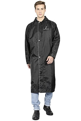 Fabseasons Black Unisex Waterproof Long/Full Raincoat With Adjustable Hood And Reflector At Back For Night Visibility. Pack Cont