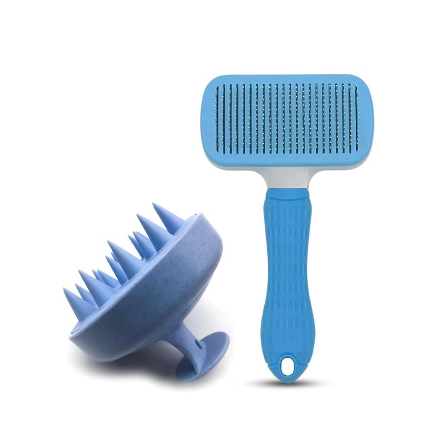 Kittupet 2 In 1 SelfCleaning Slicker And Massaging Brush For Dogs & Cats | PushButton Clean, Retractable Teeth And Soft Silico