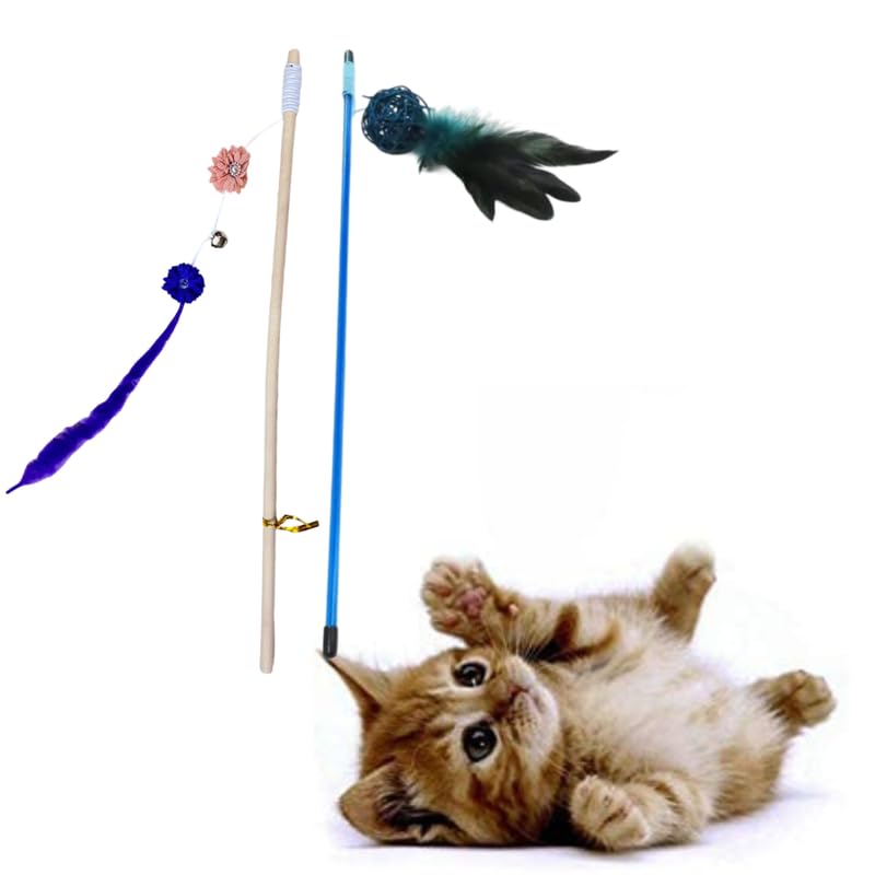 Dog Trust Pet Cat Kitten Wooden Teaser Stick Wand Wire Toys With Bell Interactive Toy 2 Piece