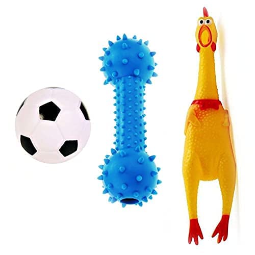 PSK PET MART 3 in 1 Combo Pack Rubber Toy  Silicon Doumbell, Chicken and Football Shape Toys for Playing Dogs and Kids
