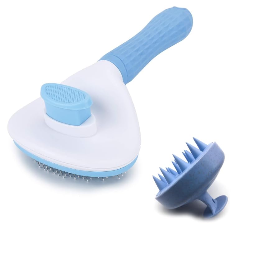 Dog Trust Pet Grooming Combo of SelfCleaning Slicker and Massaging Brush for Dogs & Cats | PushButton Clean, Retractable Teeth