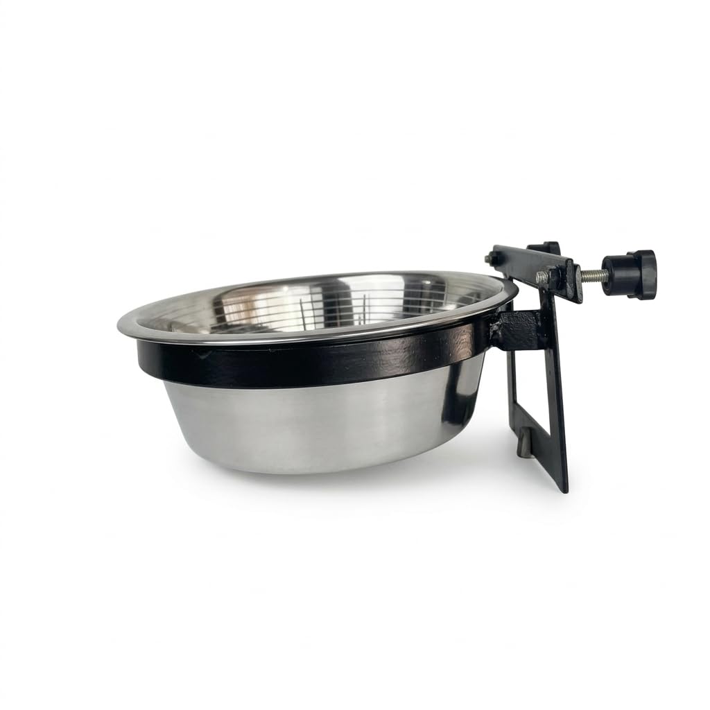 C J Farms Stainless Steel Dog Bowl With Cage Mount Stand 2000Ml | Heavy Duty Iron Holder | AntiSpill Pet Food & Water Bowl | Ea