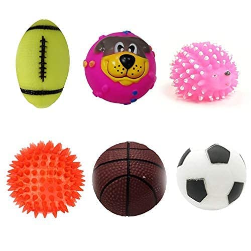 Dog Trust Squeaky Toy Combo of 6 (Mini Hedgehog + Baseball + Cute Puppy Face Ball + Football + Basketball + Led Ball)  Color Ma